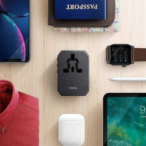 UNIQ Voyage World įkroviklio adapteris 33W + 2xUSB + PD 18W + QC 3.0 anglies pilkas (LITHOS kolekcija)