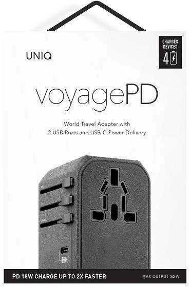 UNIQ Voyage World įkroviklio adapteris 33W + 2xUSB + PD 18W + QC 3.0 anglies pilkas (LITHOS kolekcija)
