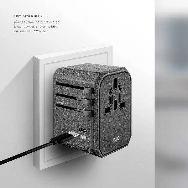 UNIQ Voyage World įkroviklio adapteris 33W + 2xUSB + PD 18W + QC 3.0 anglies pilkas (LITHOS kolekcija)