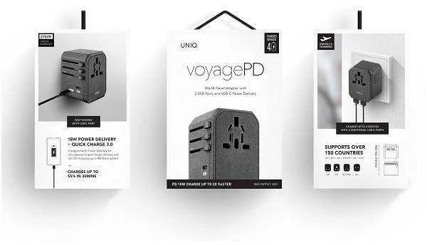 UNIQ Voyage World įkroviklio adapteris 33W + 2xUSB + PD 18W + QC 3.0 anglies pilkas (LITHOS kolekcija)