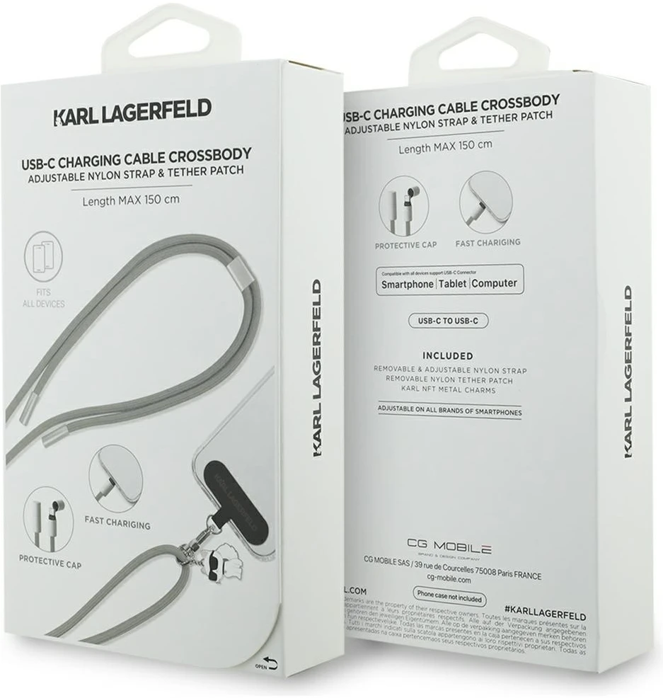 Universal Karl Lagerfeld CBDY Choupette Charm USB-C/USB-C Kabelis Lanyard pilkos spalvos