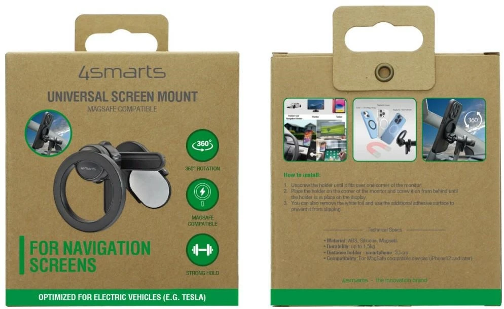 Prie ekrano tvirtinamas magnetinis telefono laikiklis „4smarts Screen Mount“, suderinamas su „MagSafe“, juodas