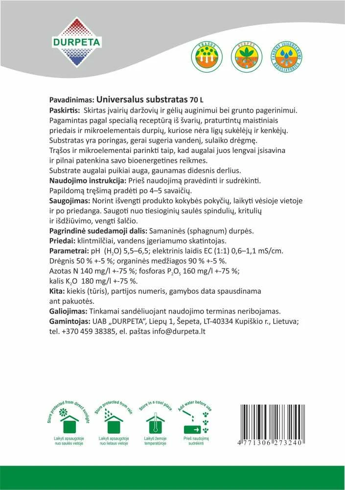 Universalus durpių substratas DURPETA, 70 l