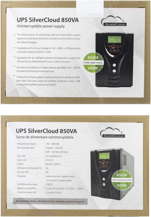 UPS SilverCloud 850VA su grynosios sinusinės bangos LCD ekranu šiluminėms elektrinėms