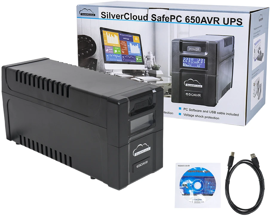 UPS SilverCloud SafePC 650AVR galia 360W LCD ekranas kompiuterio stebėjimo programinė įranga