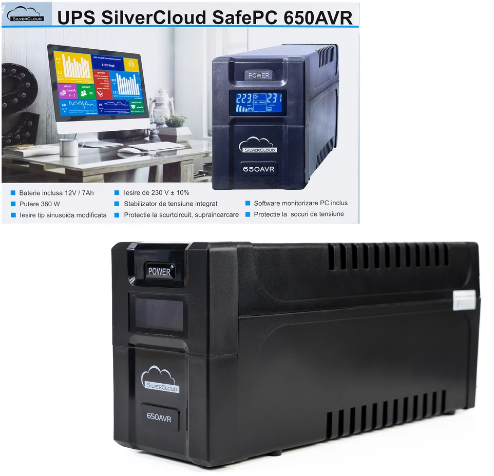 UPS SilverCloud SafePC 650AVR galia 360W LCD ekranas kompiuterio stebėjimo programinė įranga