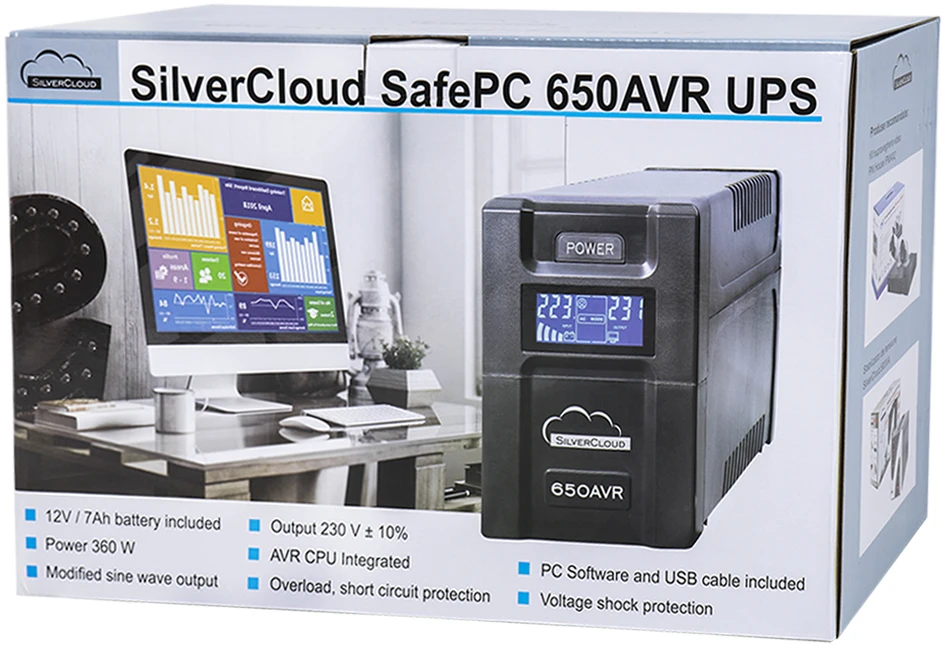 UPS SilverCloud SafePC 650AVR galia 360W LCD ekranas kompiuterio stebėjimo programinė įranga