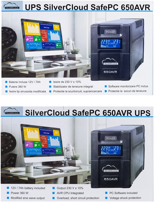 UPS SilverCloud SafePC 650AVR galia 360W LCD ekranas kompiuterio stebėjimo programinė įranga