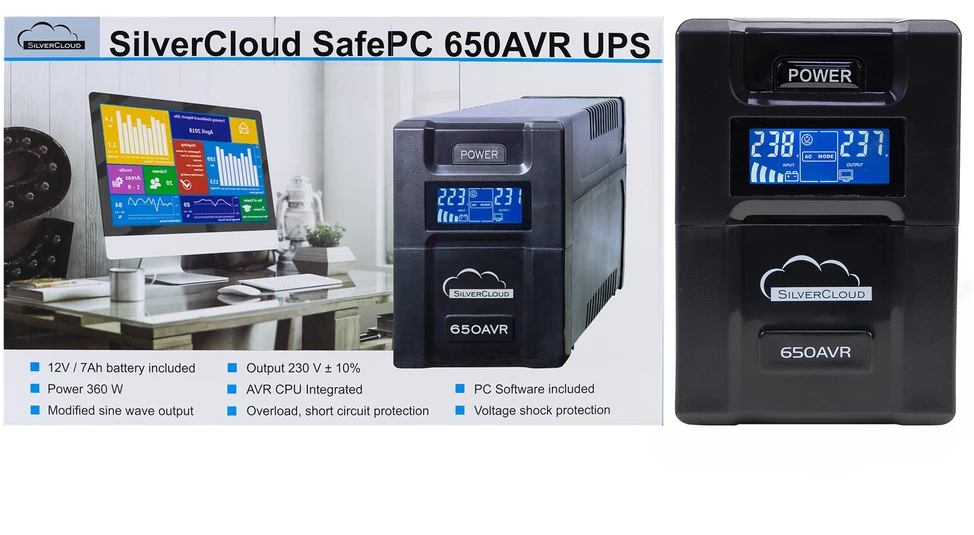 UPS SilverCloud SafePC 650AVR galia 360W LCD ekranas kompiuterio stebėjimo programinė įranga