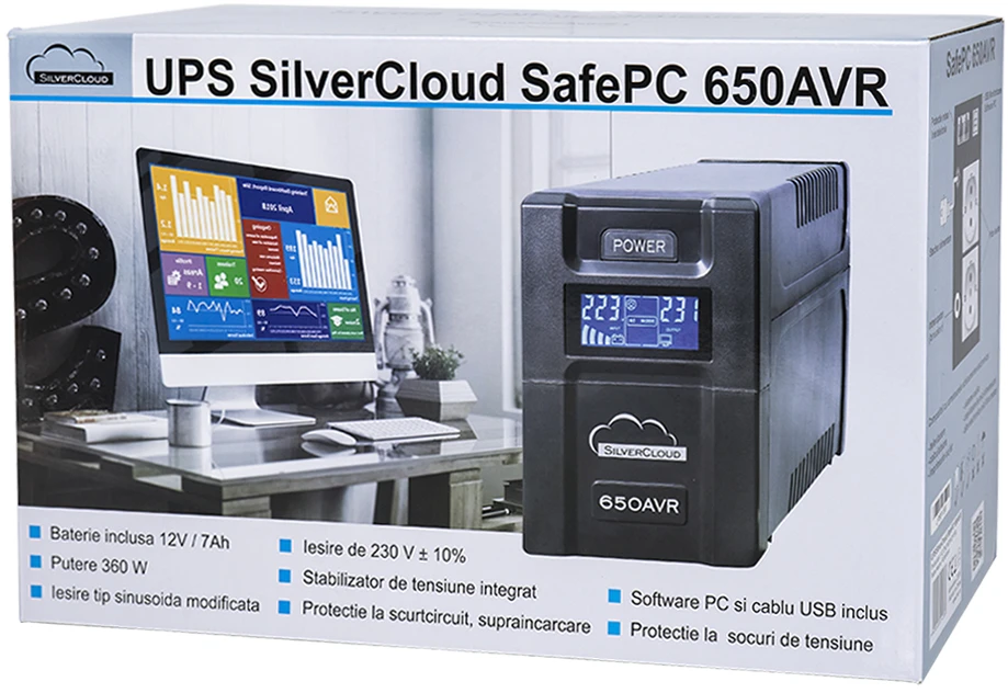 UPS SilverCloud SafePC 650AVR galia 360W LCD ekranas kompiuterio stebėjimo programinė įranga