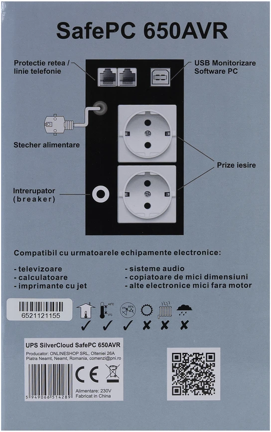UPS SilverCloud SafePC 650AVR galia 360W LCD ekranas kompiuterio stebėjimo programinė įranga