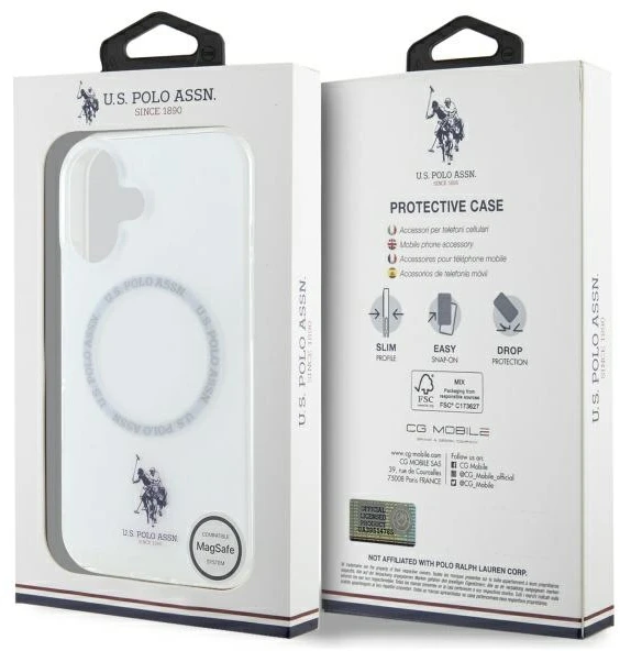 Dėklas „Us Polo Assn US Polo“ USHMP16SHOCLDPW „Apple iPhone 16 6.1“ baltos spalvos IML Ring MagSafe