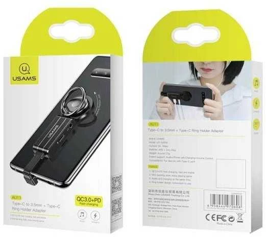 USAMS adapteris AU11 2-in-1 USB-C į 3.5mm + USB-C + žiedo laikiklis juodas SJ359TC01 (US-SJ359)