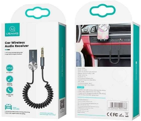 Mašininis AUX (3.5m) - Bluetooth 5.0 audio adapteris USAMS, juodas
