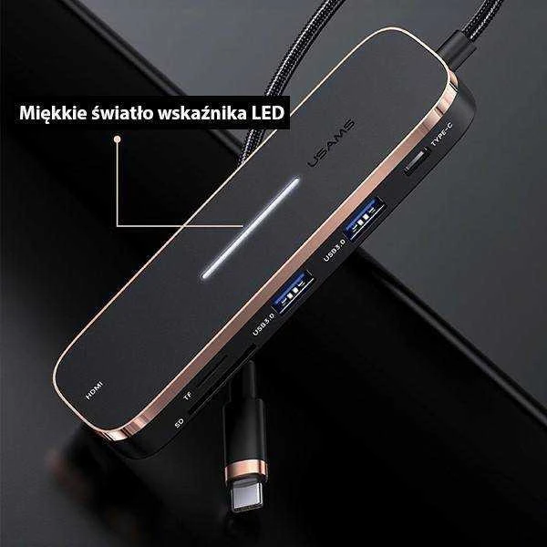 USAMS Adapteris šakotuvas 2xUSB + USB-C + HDMI + Micro SD+SD juodos spalvos SJ575hub01 (US-SJ575)