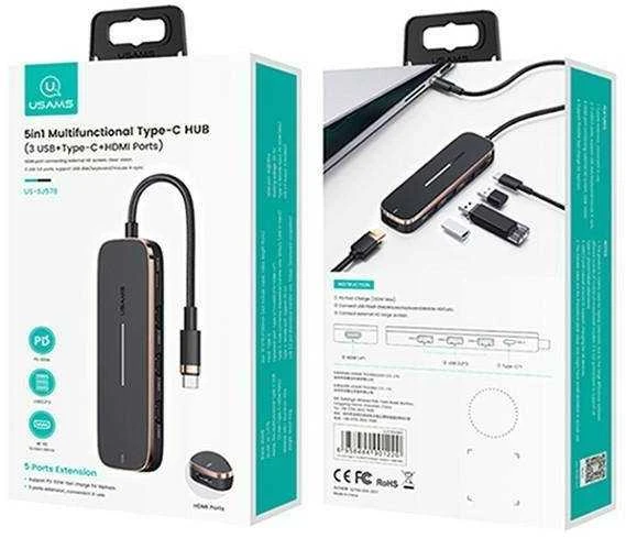 USAMS adapter HUB 3xUSB + USB-C + HDMI juodas SJ578HUB01 (US-SJ578)