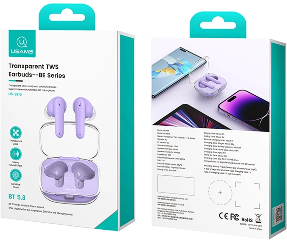 USAMS Bluetooth 5.3 TWS BEseries ausinės belaidės mėlynas US-BE16