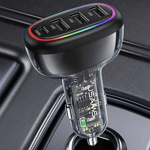 USAMS automobilinis įkroviklis 1xUSB-C 3xUSB-A C34 48W 3A+C PD Fast Charge juodas CC170CC01 (US-CC170)