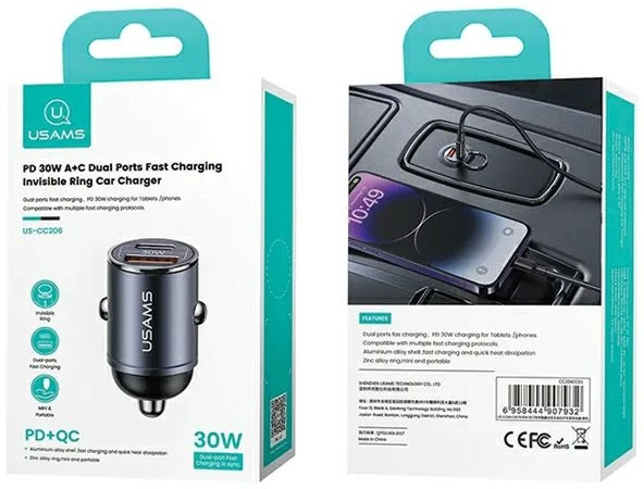 USAMS automobilinis įkroviklis 1xUSB+1xUSB-C C38 30WPD greito įkrovimo su įmontuotu žiedu plienas/tamsus CC206CC