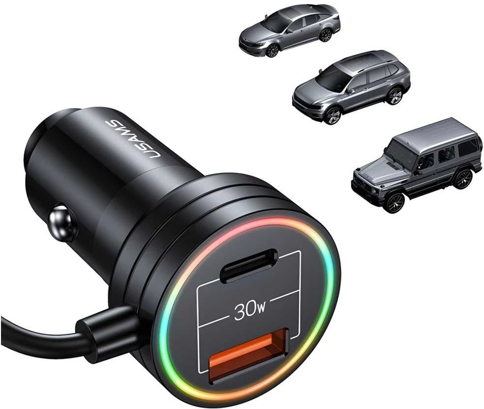 USAMS automobilinis įkroviklis 2xUSB-C 1xUSB-A C33 60W with spring cable Fast Charge juodas CC167CC01 (US-CC167)
