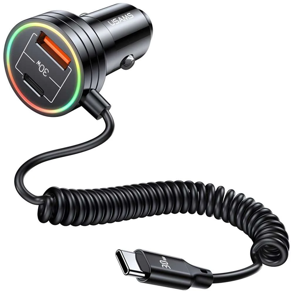 USAMS automobilinis įkroviklis 2xUSB-C 1xUSB-A C33 60W with spring cable Fast Charge juodas CC167CC01 (US-CC167)