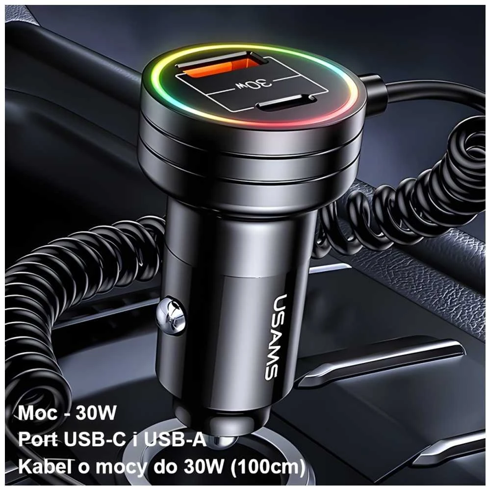 USAMS automobilinis įkroviklis 2xUSB-C 1xUSB-A C33 60W with spring cable Fast Charge juodas CC167CC01 (US-CC167)
