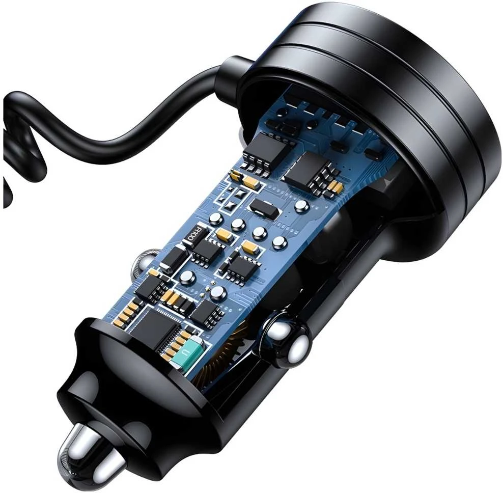 USAMS automobilinis įkroviklis 2xUSB-C 1xUSB-A C33 60W with spring cable Fast Charge juodas CC167CC01 (US-CC167)