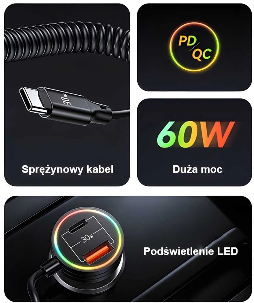 USAMS automobilinis įkroviklis 2xUSB-C 1xUSB-A C33 60W with spring cable Fast Charge juodas CC167CC01 (US-CC167)