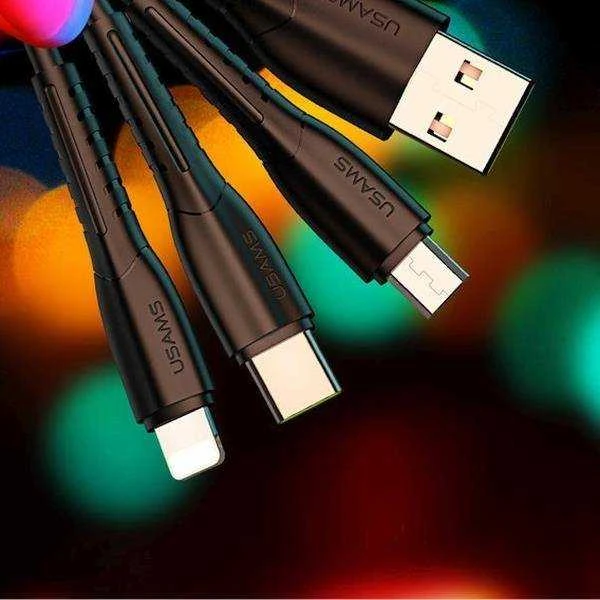 Automobilinis įkroviklis (2xUSB) su Type-C, Lightning, Micro USB laidu, USAMS, 2.1A, juodas