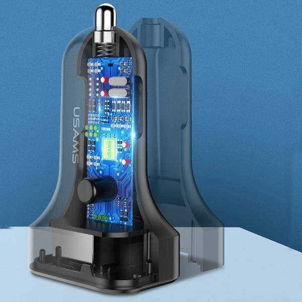 Automobilinis įkroviklis (2xUSB) su Type-C, Lightning, Micro USB laidu, USAMS, 2.1A, juodas