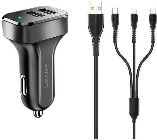 Automobilinis įkroviklis (2xUSB) su Type-C, Lightning, Micro USB laidu, USAMS, 2.1A, juodas