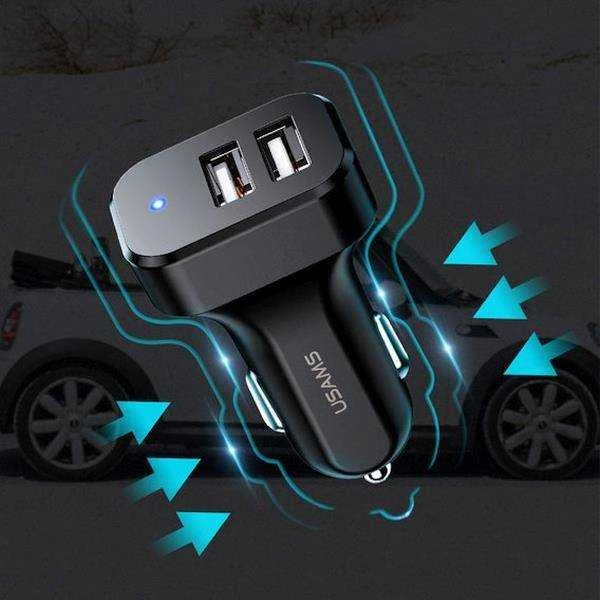 Automobilinis įkroviklis (2xUSB) su Type-C, Lightning, Micro USB laidu, USAMS, 2.1A, juodas
