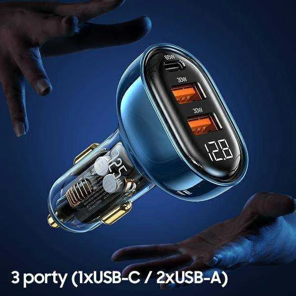 USAMS automobilinis įkroviklis 2xUSB+1xUSB-C 125W Fast Charge transparent mėlynas CC158CC02 (US-CC158)