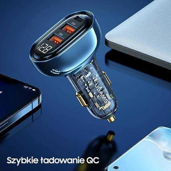 USAMS automobilinis įkroviklis 2xUSB+1xUSB-C 125W Fast Charge transparent mėlynas CC158CC02 (US-CC158)