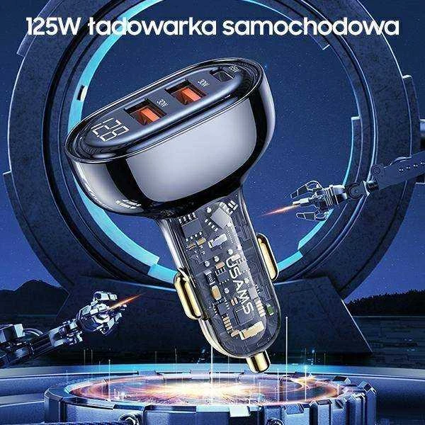 USAMS automobilinis įkroviklis 2xUSB+1xUSB-C 125W Fast Charge transparent mėlynas CC158CC02 (US-CC158)