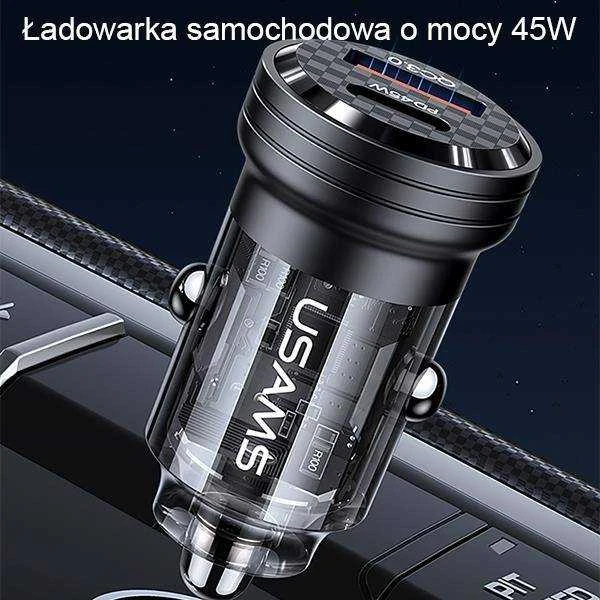 USAMS automobilinis įkroviklis C35 USB+USB-C 45W FAST CHARGE violetinės spalvos CC175CC02 (US-CC175)