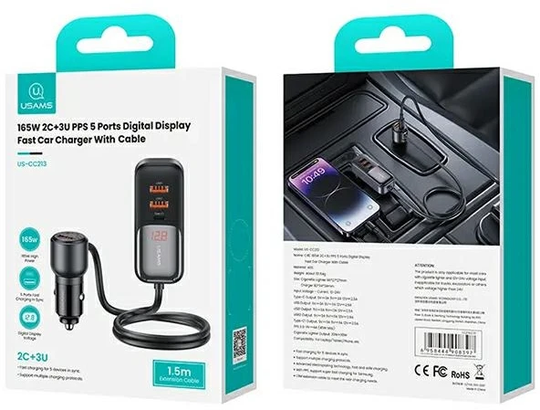 USAMS automobilinis įkroviklis C40 3xUSB+2xUSB-C 165WPD+QC Fast Charge juodas/juodas CC213CC01 (US-CC213)