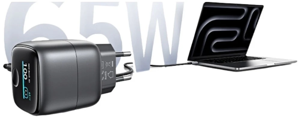 USAMS CC338 T75 65W GaN išmanusis skaitmeninis greitasis įkroviklis USB-C sieninis įkroviklis tamsiai pilkas
