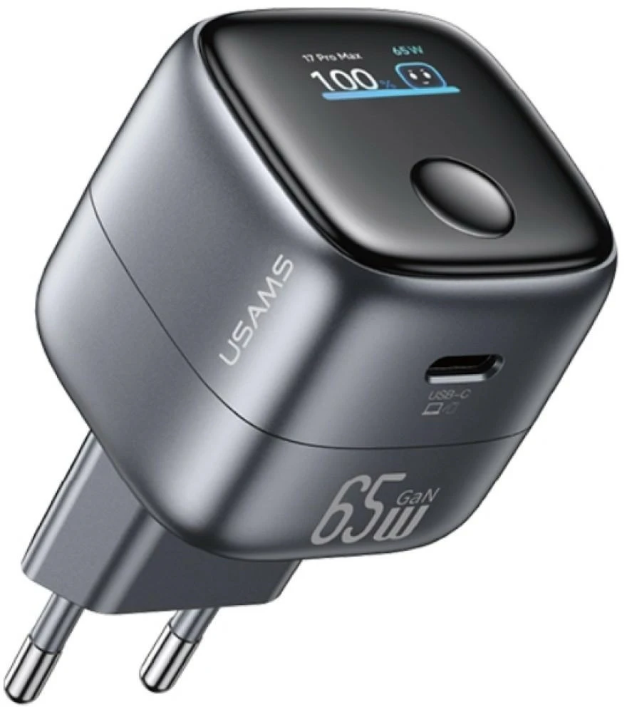 USAMS CC338 T75 65W GaN išmanusis skaitmeninis greitasis įkroviklis USB-C sieninis įkroviklis tamsiai pilkas