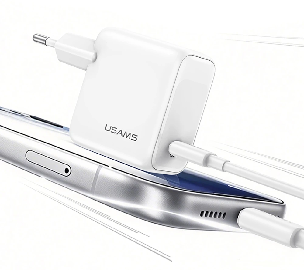 USAMS CC339 T76 45W GaN USB-C sieninis įkroviklis + SJ711 USB-C į USB-C laidas (1m, baltas)