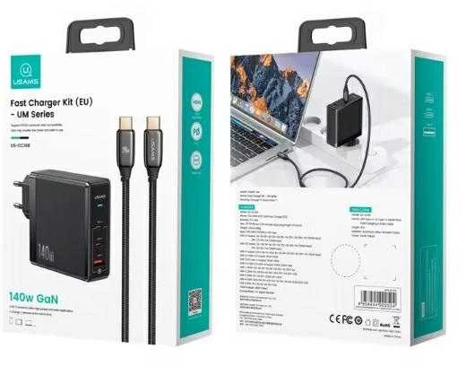 USAMS įkroviklis 2xUSB-C+1xUSB T52PD140W PD greito įkrovimo US-CC168 + U82 USB-C/USB-C US-SJ581 laidas