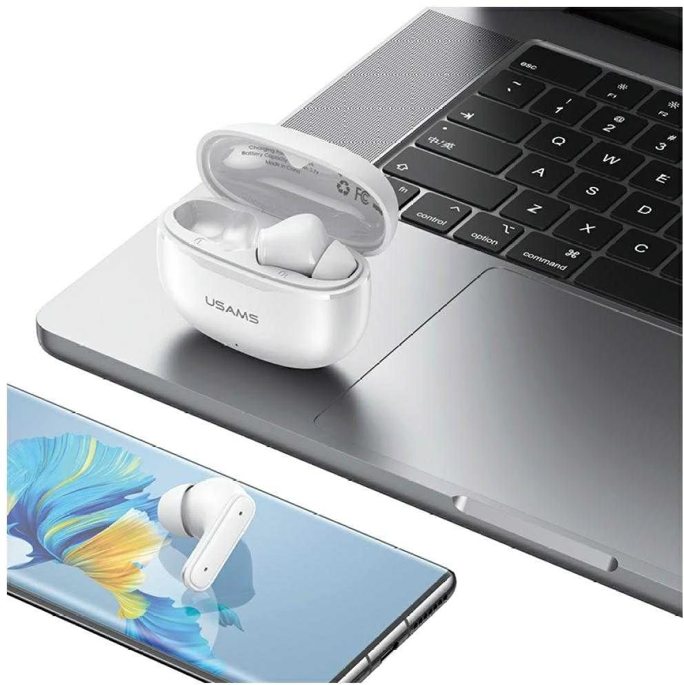 USAMS E05 TWS ausinės Bluetooth 6.0 belaidės baltos spalvos