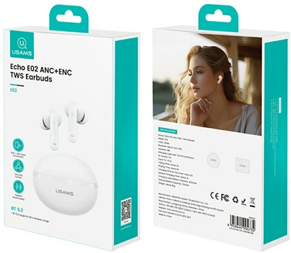 USAMS Echo E02 TWS Bluetooth Ausinės ANC+ENC belaidės baltos spalvos