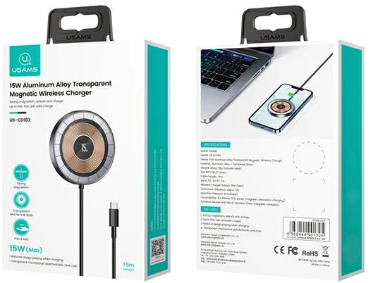USAMS magnetic Belaidis įkroviklis 15W aliuminio juodos spalvos CD183CDX01