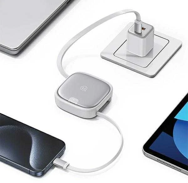 USAMS 3in1 ištraukiamas laidas su dėžute, MicroUSB/USB-C/Lightning, 60W, plienas/tamsus, SJ650USB01
