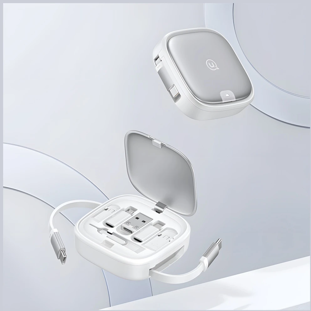 USAMS 3in1 ištraukiamas laidas su dėžute, MicroUSB/USB-C/Lightning, 60W, plienas/tamsus, SJ650USB01