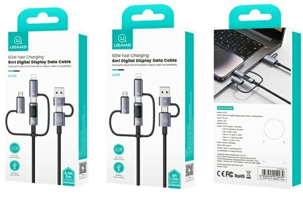 USAMS Kabelis 6in1 Fast charging 60W 1.2m Data Kabelis Digital dispay Aluminum Alloy Sufeng SJ71 Series