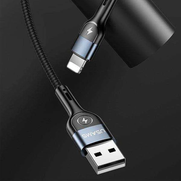 USAMS pintas U48 Lightning kabelis 1.2m 2A greito įkrovimo su LED juodos spalvos SJ423USB01 (US-SJ423)