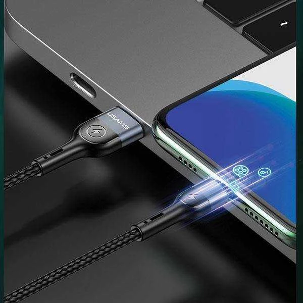 USAMS pintas U48 Lightning kabelis 1.2m 2A greito įkrovimo su LED juodos spalvos SJ423USB01 (US-SJ423)