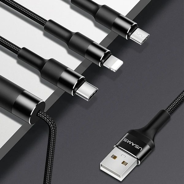USAMS Braided U5 3-in-1 Kabelis 1.5m 2A juodos spalvos (Lightning/microUSB/USB-C) SJ2193IN101 (US-SJ219)